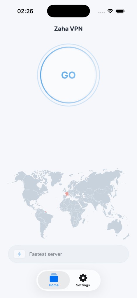 Zaha VPN home screen — tap to connect